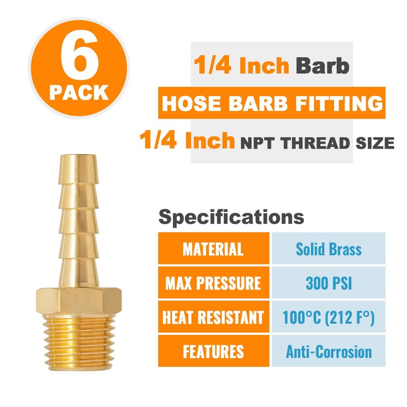SUNGATOR 6-Pack 1/4 Inch Hose Barb Fittings  Brass Air Hose Fittings  1/4'' Male NPT Pipe Thread ? 1/4'' Barb End Adapter  Brass Air Line Repair Kit for Compressor - Image 4